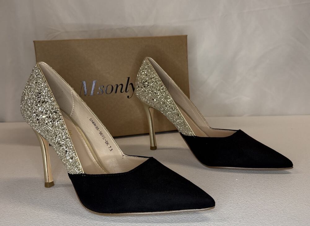 Msonlydn Women’s Two-Tone Glitter High Heels Black Suede Pump Size 7.5